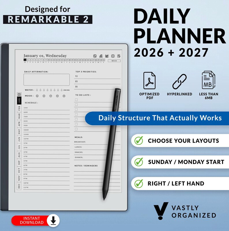 Daily Planner Template for Remarkable 2 Tablets | 2026 + 2027, Yearly ...
