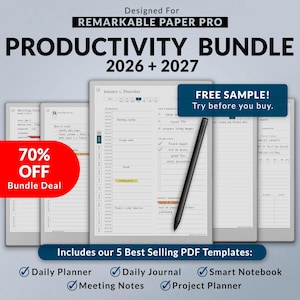 May include: A digital productivity bundle for Remarkable Paper Pro, including daily planner, journal, and meeting notes templates. The image shows a tablet with a stylus, and the text "70% OFF Bundle Deal".