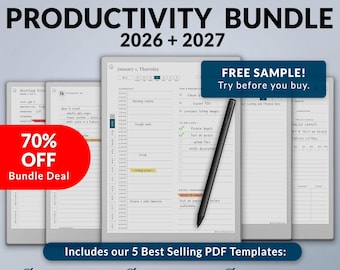 Vorlagen für Remarkable Paper Pro | Produktivitäts-Bundle 2026-2027 | Minimalistischer Planer, Journal, Notizbuch, Meeting | Verlinktes PDF