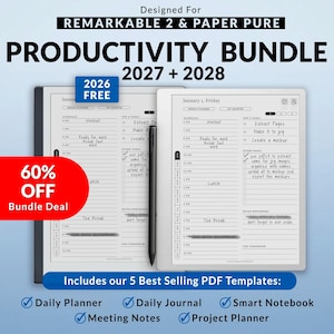 Könnte beinhalten: Ein digitales Produktivitäts-Bundle für Remarkable 2 und Paper Pure mit Planern für 2027 und 2028, einem kostenlosen Planer für 2026 und einem schwarzen Eingabestift. Das Display zeigt Tagespläne, Aufgabenlisten und Notizen.