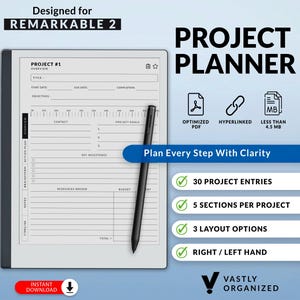 Project Planner Template for Remarkable 2 Tablets: 30 Project Entries, Customizable, Hyperlinked PDF