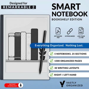 Puede incluir: Un cuaderno inteligente digital diseñado para Remarkable 2, con el texto "SMART NOTEBOOK BOOKSHELF EDITION". La imagen muestra un lápiz óptico y una tableta digital con un diseño de estantería. Incluye PDF optimizado, hipervínculos y menos de 2,5 MB.
