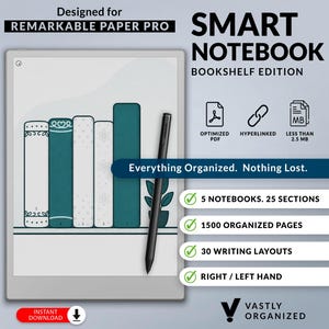 Op de afbeelding: Een digitale slimme notebook met een stylus, ontworpen voor Remarkable Paper Pro. De afbeelding toont een digitale notebook met een boekenplankontwerp en de tekst "Everything Organized. Nothing Lost."