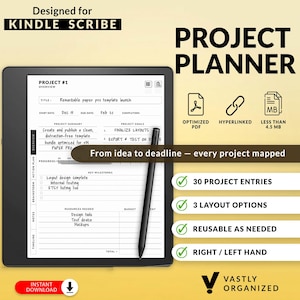 Planificador de proyectos Kindle Scribe: 30 entradas de proyectos, PDF personalizable con hipervínculos.
