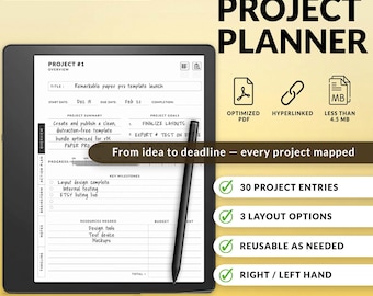 May include: A digital project planner designed for Kindle Scribe. The image shows a tablet with a project overview, key milestones, and resources needed. The planner includes 30 project entries, 3 layout options, and is reusable.
