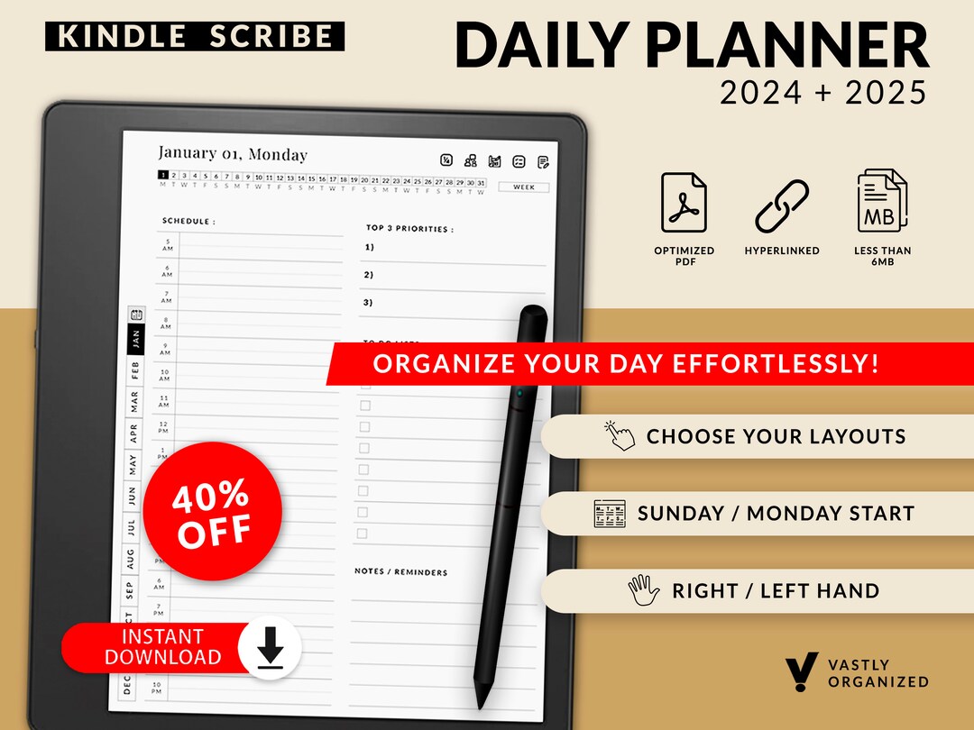 Kindle Scribe Daily Planner 2024, 2025, Minimalista, Hipervínculo