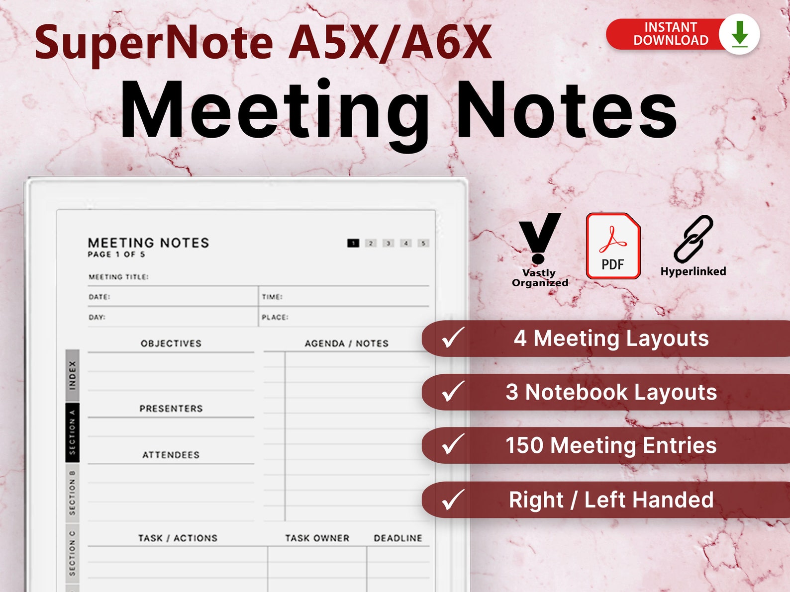 Supernote A5x & A6x Meeting Template, Hyperlinked, Instant Download, Interactive PDF, Supernote