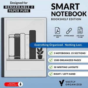 May include: A digital smart notebook bookshelf edition for Remarkable 2 paper pure. The interface displays five books on a shelf, a plant, and text: Everything Organized. Nothing Lost. Features include 5 notebooks, 25 sections, 1500 pages, 30 layouts, and right/left hand support.