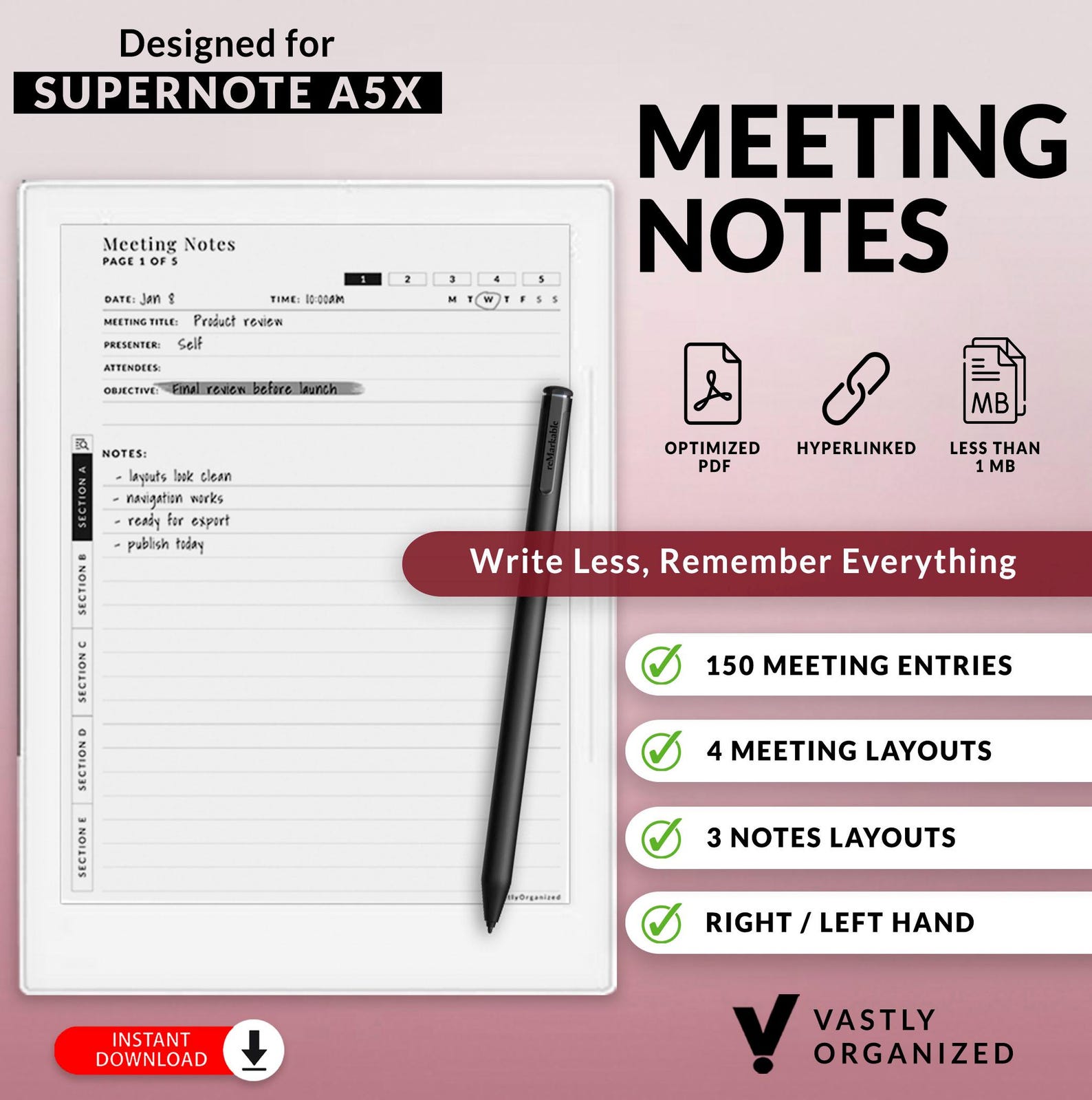 Meeting Notes Template for Supernote A5X, Manta | 150 Meeting Entries ...