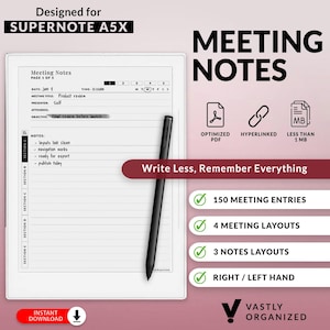 Op de afbeelding: Een digitale notitieblok met de tekst "Meeting Notes" en een zwarte stylus. Het notitieblok toont een vergaderagenda met notities. De afbeelding bevat ook pictogrammen voor geoptimaliseerde PDF, hyperlinks en minder dan 1 MB.