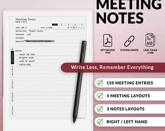 May include: A digital notepad with the text "Meeting Notes" and a black stylus. The notepad displays a meeting agenda with notes. The image also includes icons for optimized PDF, hyperlinks, and less than 1 MB.