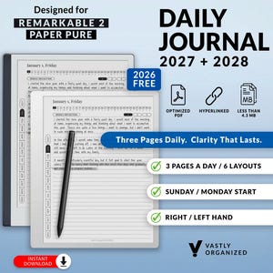 Daily Journal Template for Remarkable 2, Paper Pure Tablets | 2026 + 2027 + 2028, 3 Pages a Day, Customizable, Hyperlinked PDF