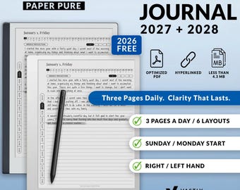 Puede incluir: Un diario digital para Remarkable 2 Paper Pure con fechas de 2027 y 2028, incluyendo una versión gratuita de 2026. El diseño incluye tres páginas diarias, navegación con hipervínculos y un lápiz óptico negro sobre pantalla blanca.
