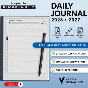 Daily Journal Template for Remarkable 2 Tablets | 2026 + 2027, 3 Pages a Day, Customizable, Hyperlinked PDF