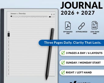Daily Journal Template for Remarkable 2 Tablets | 2026 + 2027, 3 Pages a Day, Customizable, Hyperlinked PDF