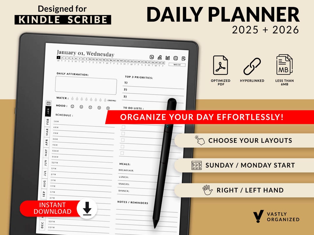Kindle Scribe Daily Planner 2025, 2026, Minimalist, Hyperlinked, Kindle Kindle Scribe Daily Planner 2025, 2026, Minimalist, Hyperlinked, Kindle