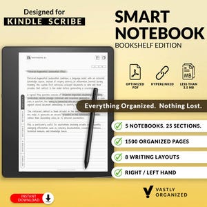 Peut inclure: Un carnet numérique intelligent pour Kindle Scribe, édition Bookshelf, comprenant une tablette noire avec un stylet affichant du texte manuscrit. Inclut 5 carnets, 25 sections, 1500 pages, 8 mises en page, utilisable par droitiers ou gauchers.