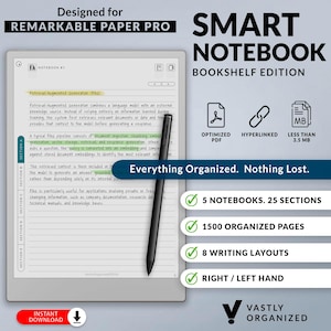 Notebook Templates for Remarkable Paper Pro | Smart Notebook, 8 Layouts, 5 IN 1 Notebooks with Index, Customizable, Hyperlinked Notes PDF