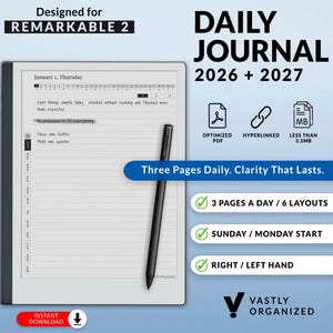 Plantilla de diario para tabletas Remarkable 2/2026 y 2027, 3 páginas al día, personalizable, PDF con hipervínculos