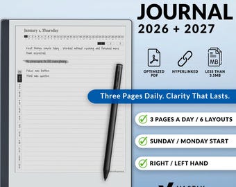 Dagboeksjabloon voor Remarkable 2 tablets | 2026 + 2027, 3 pagina's per dag, aanpasbare, gelinkte pdf