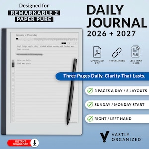 Szablon dziennika dla Remarkable 2, tabletki Paper Pure | 2026 + 2027, 3 strony dziennie, konfigurowalny, plik PDF z hiperłączami