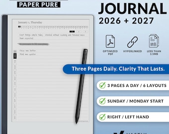 Dagboeksjabloon voor Remarkable 2, Paper Pure-tablets | 2026 + 2027, 3 pagina's per dag, aanpasbare, gelinkte pdf