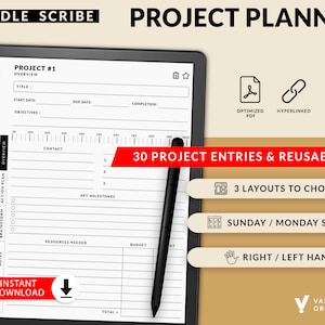May include: A black and white digital planner with the text "PROJECT #1" and "KINDLE SCRIBE PROJECT PLANNER" on a tablet screen. The planner includes sections for title, start date, due date, objectives, contact, key milestones, resources needed, and budget. The image also includes icons for optimized PDF, hyperlinked, and less than 4 MB. The text "30 PROJECT ENTRIES & REUSABLE" is displayed in red. The text "INSTANT DOWNLOAD" is displayed in white on a red background.