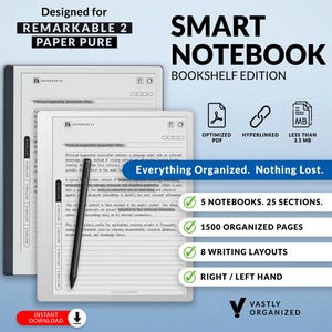 Könnte beinhalten: Ein digitales Smart Notebook für Remarkable 2 Paper Pure mit einem schwarzen Eingabestift auf einem weißen Bildschirm mit Text. Die Oberfläche umfasst 5 Notizbücher, 25 Abschnitte, 1500 organisierte Seiten, 8 Layouts und ist für Links- und Rechtshänder.