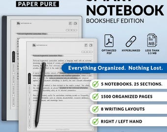 May include: A digital smart notebook for Remarkable 2 Paper Pure featuring a black stylus on a white screen with text. The interface includes 5 notebooks, 25 sections, 1500 organised pages, 8 writing layouts, and is optimised for right or left hand use.