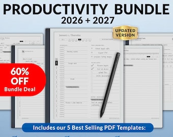 Remarkable 2タブレット用テンプレート | 生産性向上バンドル 2026-2027 | ミニマリストプランナー、ジャーナル、ノート、ミーティング | ハイパーリンク付きPDF