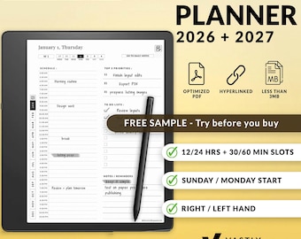 Kindle Scribe Daily Planner | 2026 + 2027, Yearly to Daily Pages, Minimalist, Customizable, Hyperlinked PDF