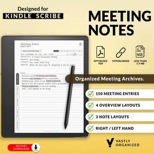 以下が含まれることがあります： Kindle Scribe用のデジタル会議ノートプランナー。画面には日付、発表者、出席者、目的のセクションがあるテンプレートが表示され、黒いスタイラスペンが置かれています。150件の会議エントリー、4つの概要レイアウト、3つのノートレイアウトが含まれています。