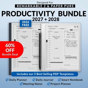 Templates for Remarkable 2, Paper Pure Tablets | Productivity Bundle 2027 + 2028 | Minimalist Templates | Fully Hyperlinked PDF