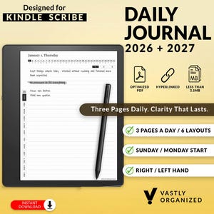 Könnte beinhalten: Ein digitales Tagesjournal für Kindle Scribe, dargestellt auf einem schwarzen Tablet mit Stift. Das Journal enthält Abschnitte für Notizen und Daten, mit dem Text "DAILY JOURNAL 2026 + 2027". Es bietet optimiertes PDF und Hyperlinks.