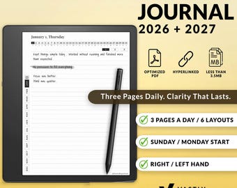 Kindle Scribe Daily Journal 2026 + 2027  | 3 Pages a Day, Customizable, Hyperlinked PDF