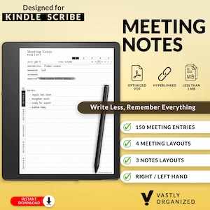Puede incluir: Una tableta digital que muestra notas de reunión, diseñada para Kindle Scribe. La pantalla muestra una agenda de reunión con secciones y notas. Incluye un lápiz óptico y el texto "Write Less, Remember Everything."