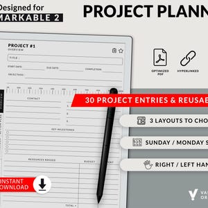Project Planner Template For Remarkable 2 Eink Tablet, Fully Hyperlinked, Customizable, Interactive PDF Template for Remarkable2