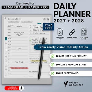 Könnte beinhalten: Ein digitaler Tagesplaner für Remarkable Paper Pro mit Kalendern für 2027 und 2028, einem schwarzen Eingabestift und Text wie Daily Planner, Optimized PDF, Hyperlinked, Less Than 3.5 MB und From Yearly Vision To Daily Action.