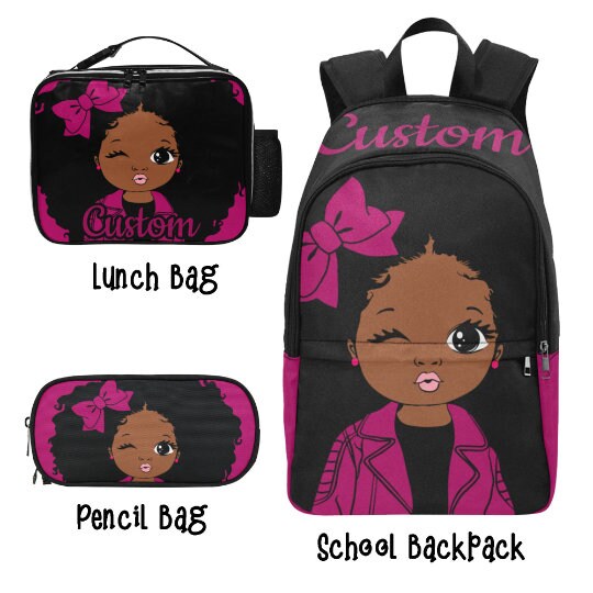 Custom Black Girl Bookbag With Pencil Bag and Lunch Box