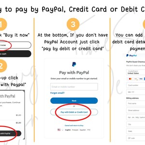 May include: A visual guide on how to pay for an online purchase using PayPal, a credit card, or a debit card. The guide shows three steps: 1. After clicking "Buy it now", 2. Clicking "Check out with PayPal", and 3. Entering credit card details.