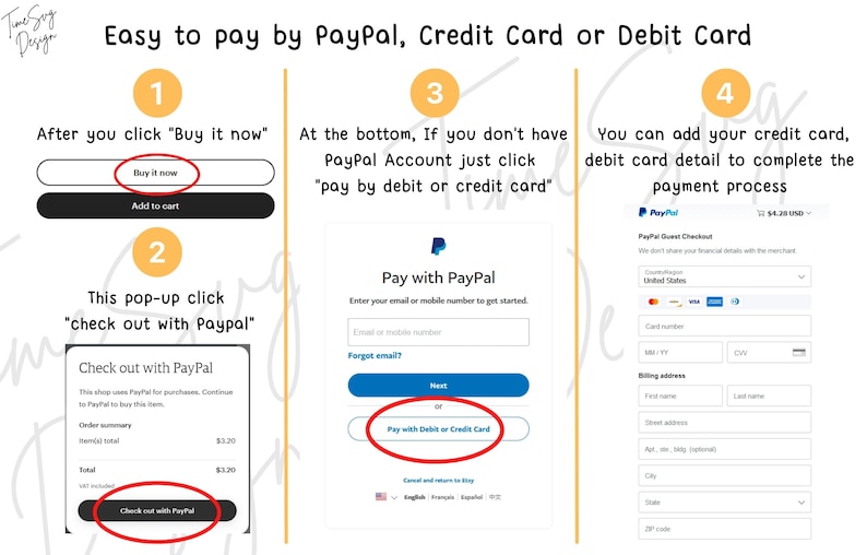 May include: A visual guide on how to pay for an online purchase using PayPal, a credit card, or a debit card. The guide shows three steps: 1. After clicking "Buy it now", 2. Clicking "Check out with PayPal", and 3. Entering credit card details.
