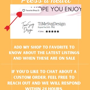 May include: A yellow background with a white box containing the text "TimeSvg Design" and the words "Digital file SVG - PNG" and "4 Sales". The text "Press a heart" is at the top of the image. The text "ADD MY SHOP TO FAVORITE TO KNOW ABOUT THE LATEST LISTINGS AND WHEN THESE ARE ON SALE" is in the middle of the image. The text "IF YOU'D LIKE TO CHAT ABOUT A CUSTOM ORDER, FEEL FREE TO REACH OUT AND WE WILL RESPOND WITHIN 24 HOURS." is at the bottom of the image.