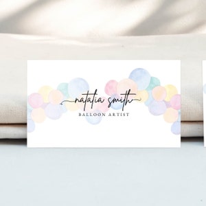 Biglietto da visita ad arco con palloncino ARCOBALENO – Modello Canva modificabile per artisti di palloncini, organizzatori di feste e decoratori di eventi