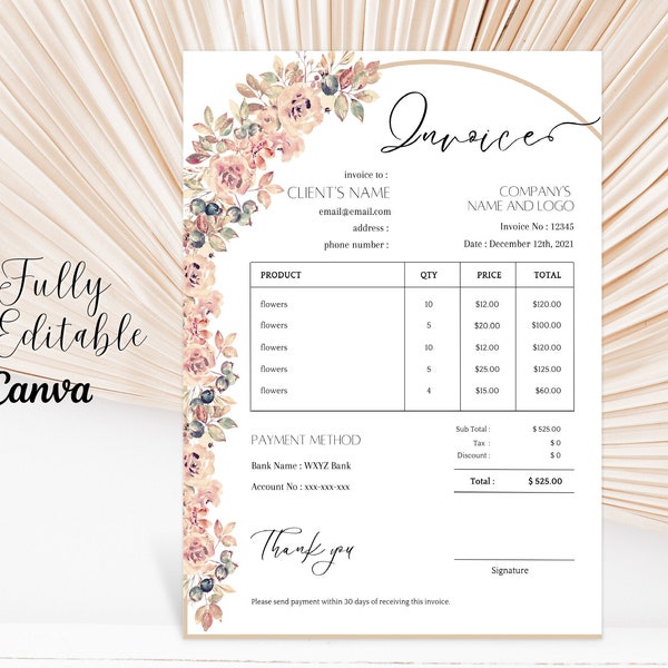 INVOICE TEMPLATE Download, Invoice Template for Small Business, Editable Floral Invoice Document, Printable Bakery Invoice, Invoice Form