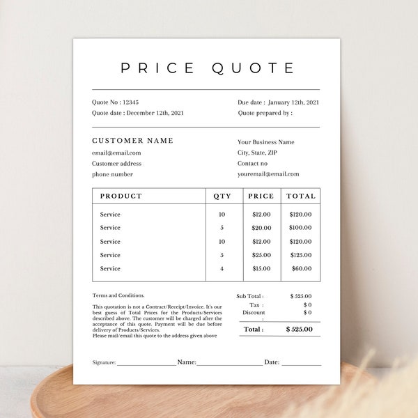 PRICE QUOTE TEMPLATE, Editable Quotation Sheet Canva Template, Price Offer Document for Small Business, Printable Price Estimate Template