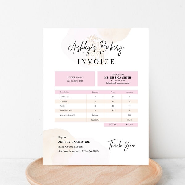 BAKERY INVOICE TEMPLATE, Editable Invoice Template for Small Business, Business Invoice for Bakers, Cake Order Invoice Form