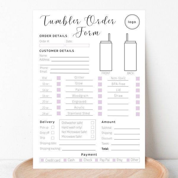 TUMBLER BESTELFORMULIER, bewerkbare Tumbler bestelformuliersjabloon, Tumbler bestelblad, Tumbler Sale Tracker, Cup bestelformulier, aangepast Tumbler formulier