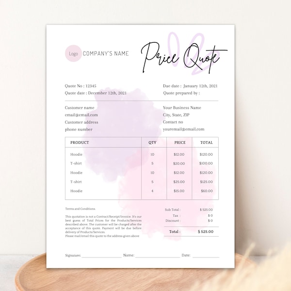 QUOTATION TEMPLATE, Editable Price Quote Sheet Canva Template, Price Offer Doc for Small Business, Printable Price Estimate Template