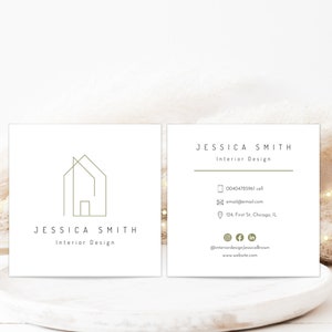 Modèle de cartes de visite d'AMÉNAGEMENT D'INTÉRIEUR – Design carré éditable sur toile pour les décorateurs d'intérieur, les aménagements intérieurs, les architectes et les stylistes déco