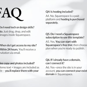 FAQ section of cleaning service Squarespace website template answering common questions about hosting, subscription plans, editing, domain connection, and setup timeline. Designed to reduce buyer hesitation and improve conversion rates.